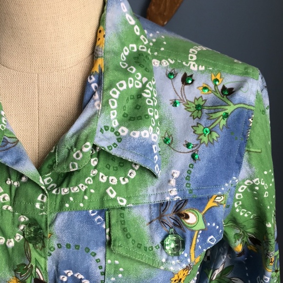Y2K Keren Hart blue green yellow button down lightweight jean jacket size M - Picture 2 of 13